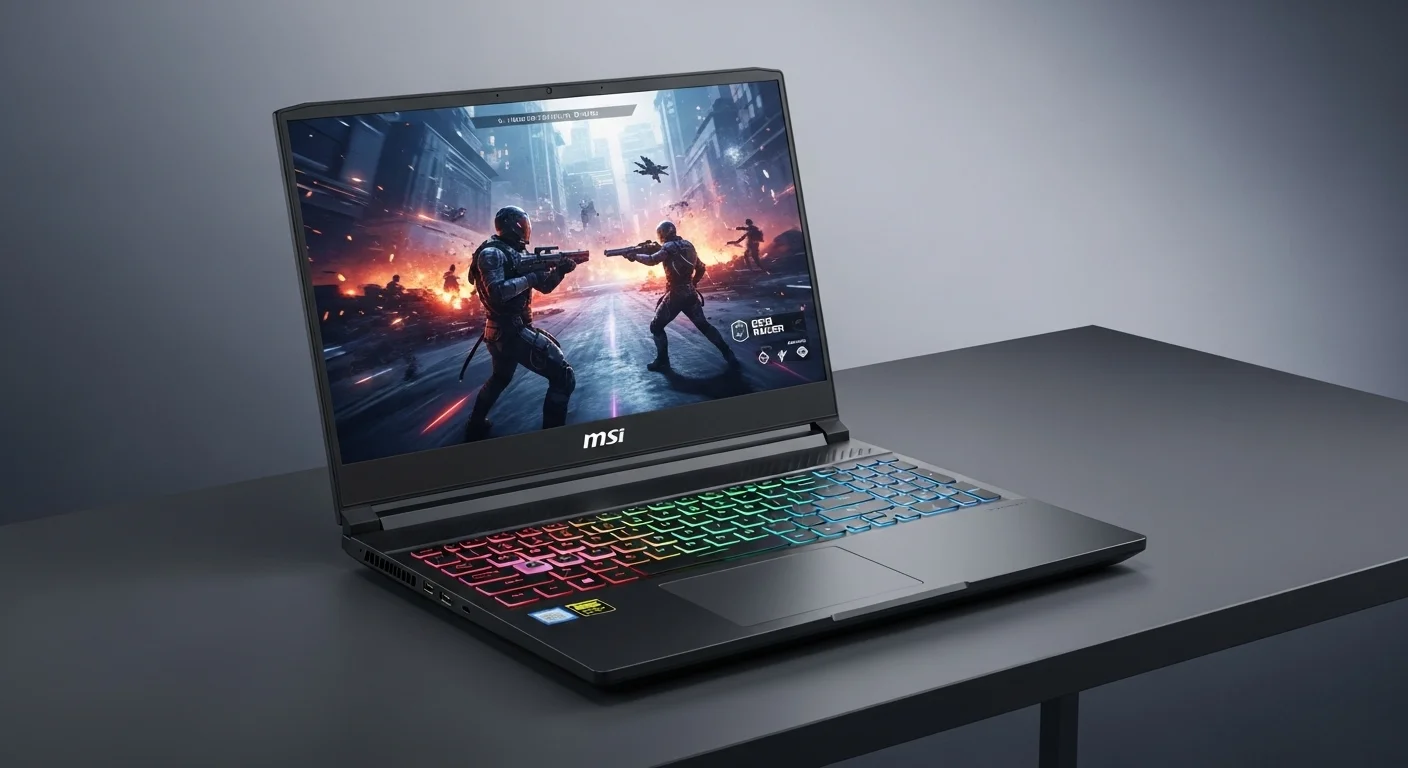 Una computadora portátil MSI GE66 Raider abierta sobre una mesa, mostrando su teclado RGB retroiluminado y su pantalla brillante con un juego en ejecución, destacando su potencia para el gaming.