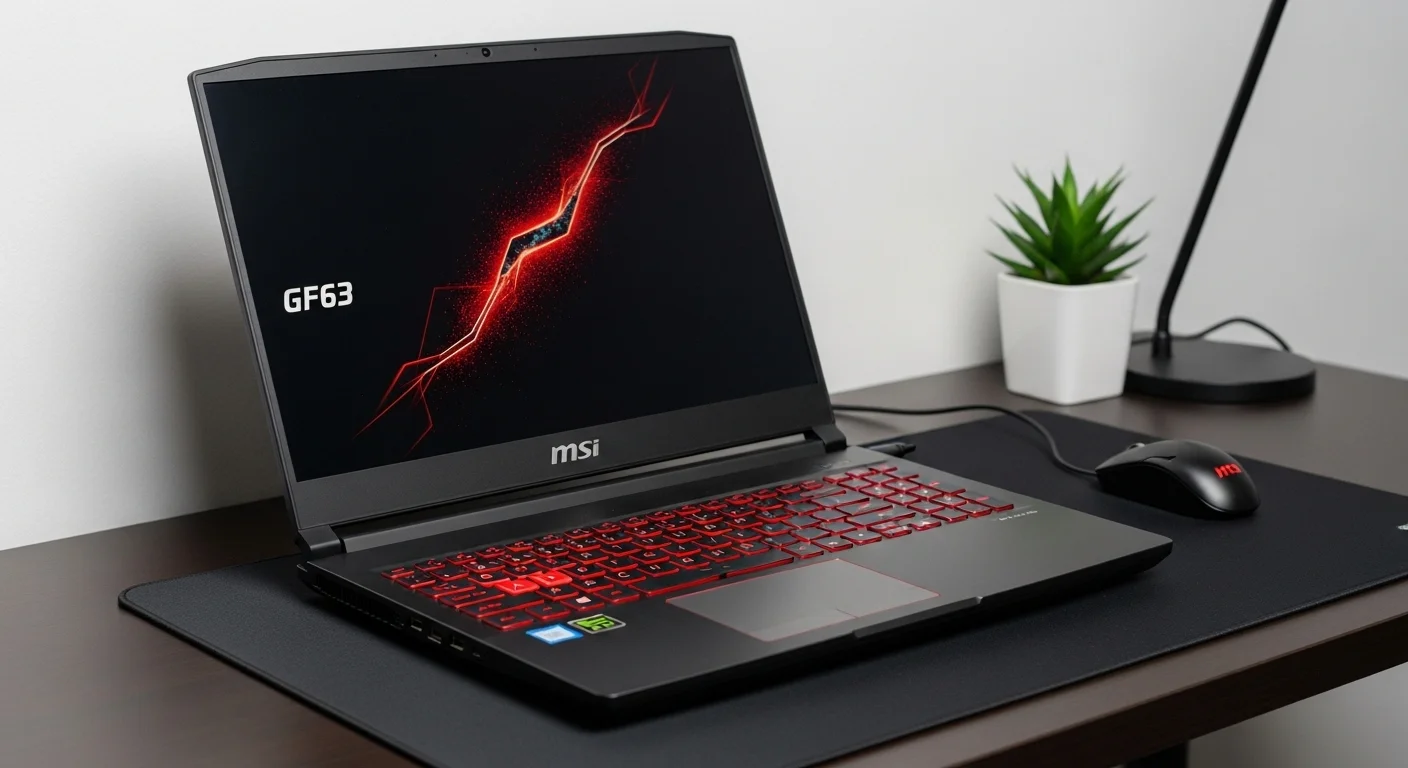 Laptop MSI GF63 sobre un escritorio, mostrando su teclado retroiluminado rojo, parte de la gama de computadoras de alto rendimiento.