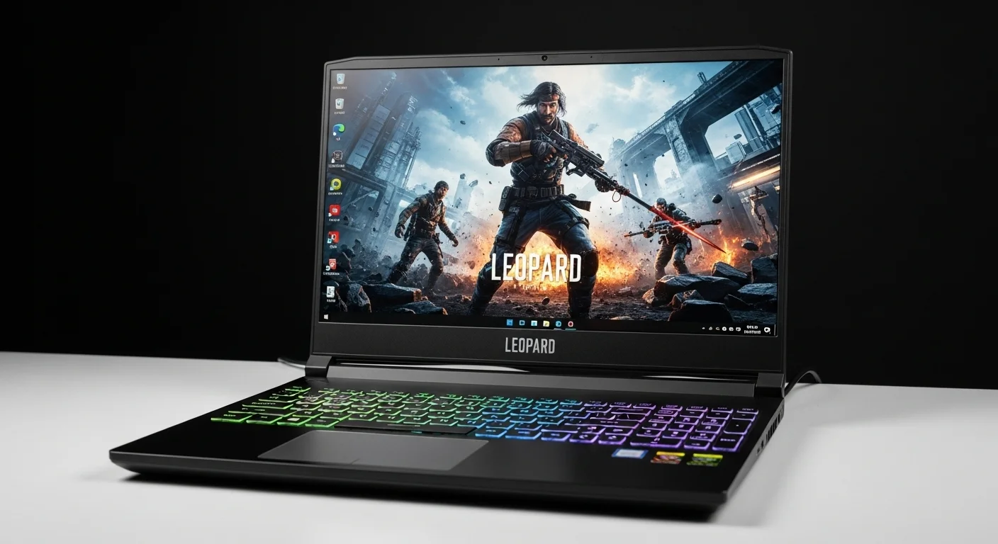 Una computadora portátil gaming MSI GP66 Leopard abierta, mostrando su teclado RGB iluminado y la pantalla con una imagen de un videojuego de acción.