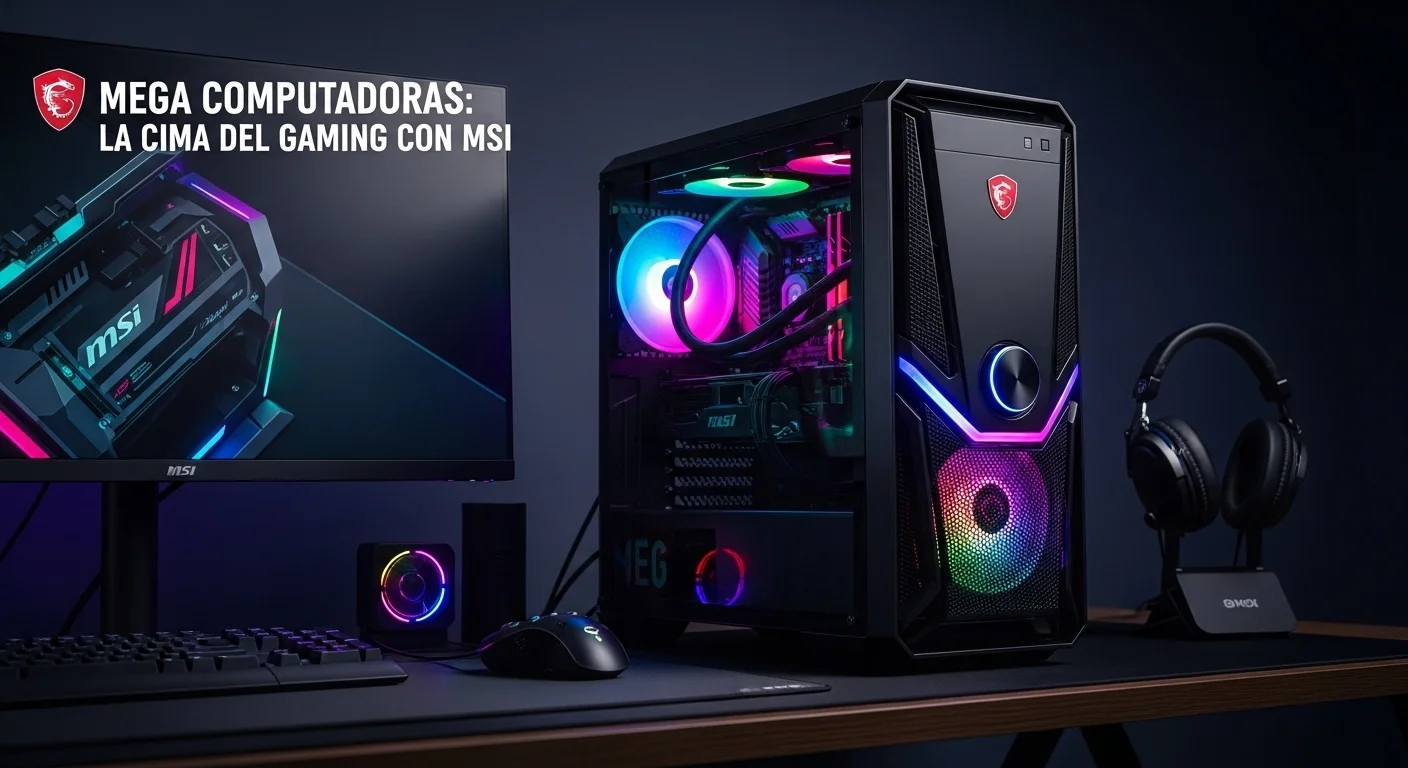Imagen de una computadora de gaming MSI MEG Aegis Ti5 12th con iluminación RGB y su característico dial frontal, sobre un escritorio tecnológico.