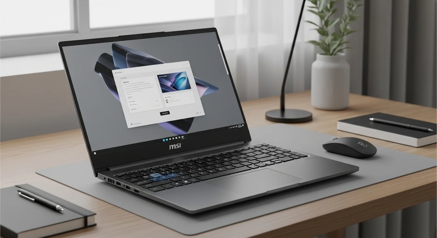 Laptop MSI Modern 15 A11MU de color gris carbón sobre un escritorio de madera minimalista, mostrando su diseño elegante y profesional.