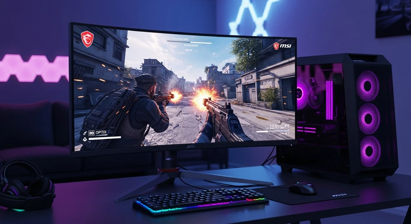 Un setup de computadoras gaming con un monitor curvo Msi Optix iluminado, mostrando un juego de alta acción. Acentos de tecnología y rendimiento.