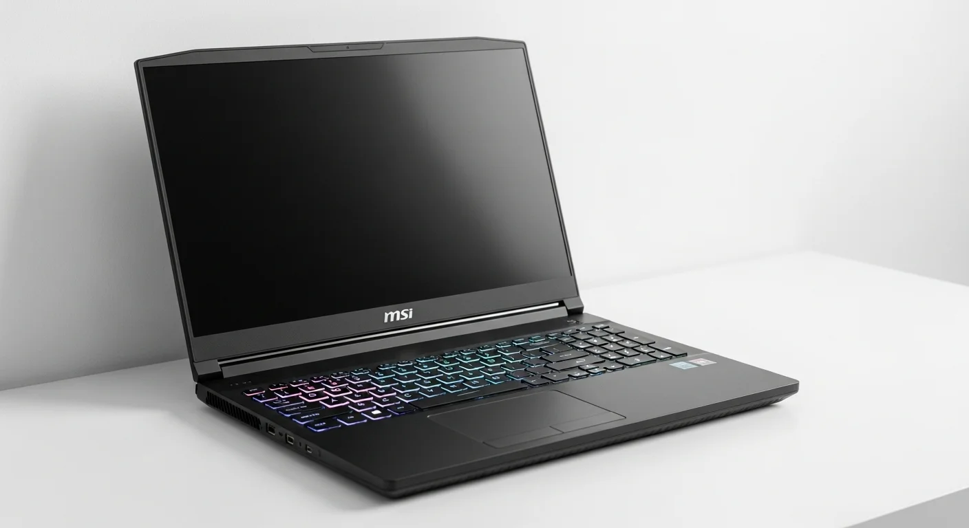 Una computadora portátil MSI Stealth GS66 de color negro mate sobre un escritorio minimalista, con el teclado RGB sutilmente iluminado, mostrando su diseño elegante y profesional.