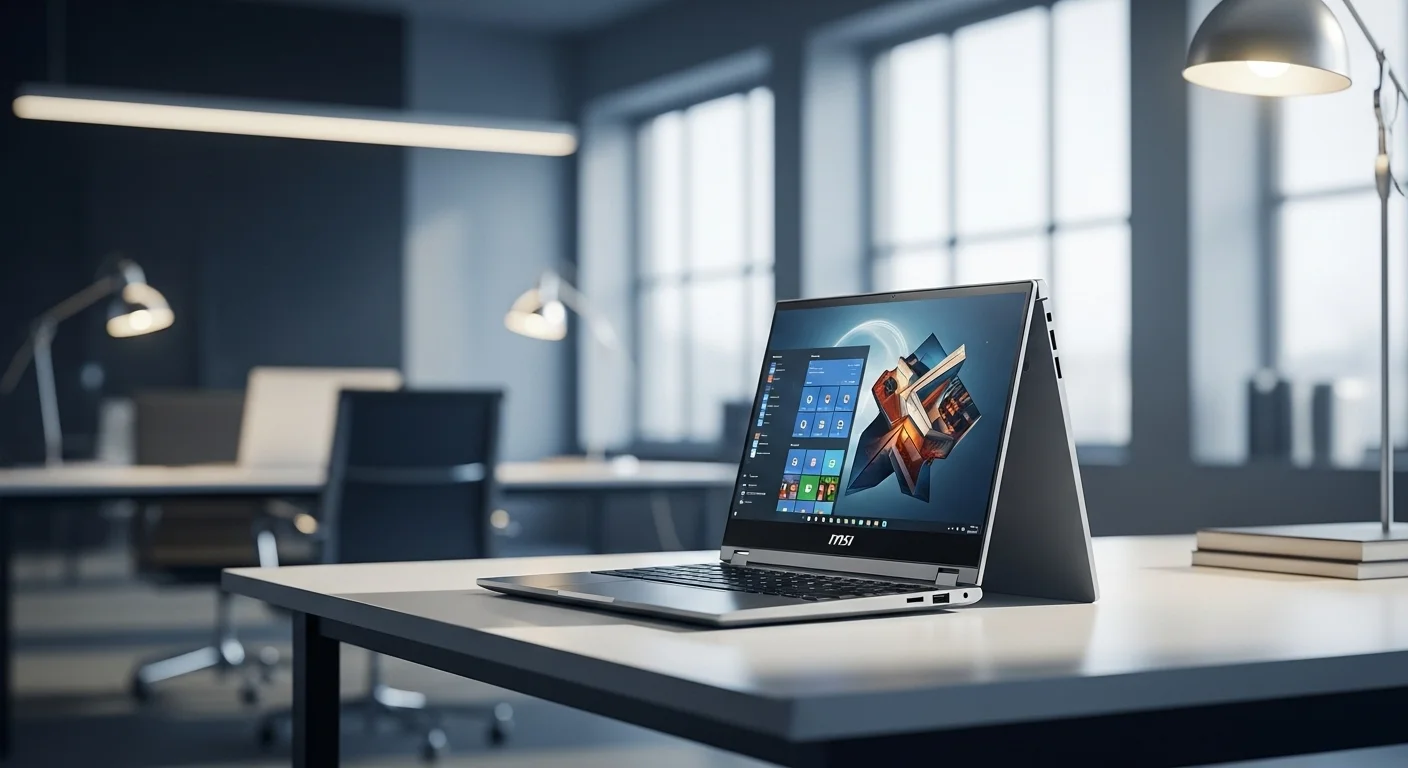 Una computadora portátil MSI Summit E13 Flip Evo en un entorno de oficina moderno, mostrando su diseño elegante y pantalla táctil.