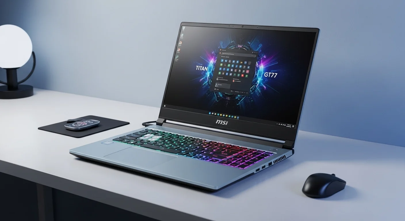Una computadora portátil MSI Titan GT77 abierta sobre un escritorio, mostrando su teclado RGB y la pantalla brillante, simbolizando el poder de las computadoras de alta gama.