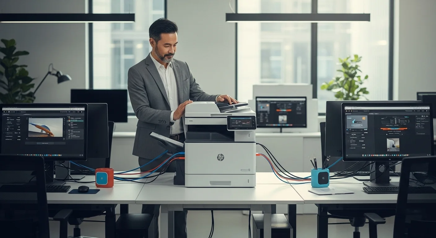 Profesional en un entorno de oficina moderno interactuando con una impresora HP Laser multifunción conectada a varias computadoras, simbolizando la eficiencia.