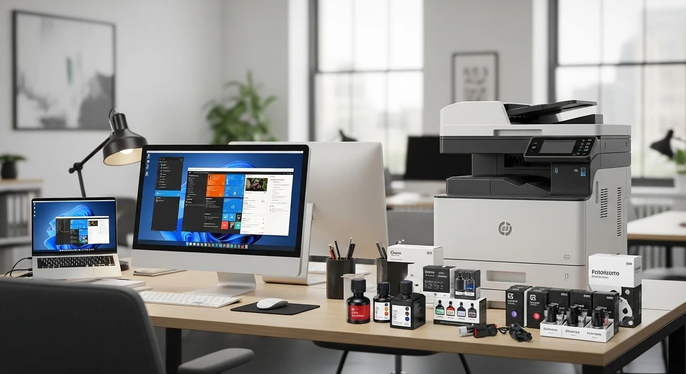 Tinta precio en un entorno de oficina moderno con computadoras, laptops y una impresora de alta eficiencia