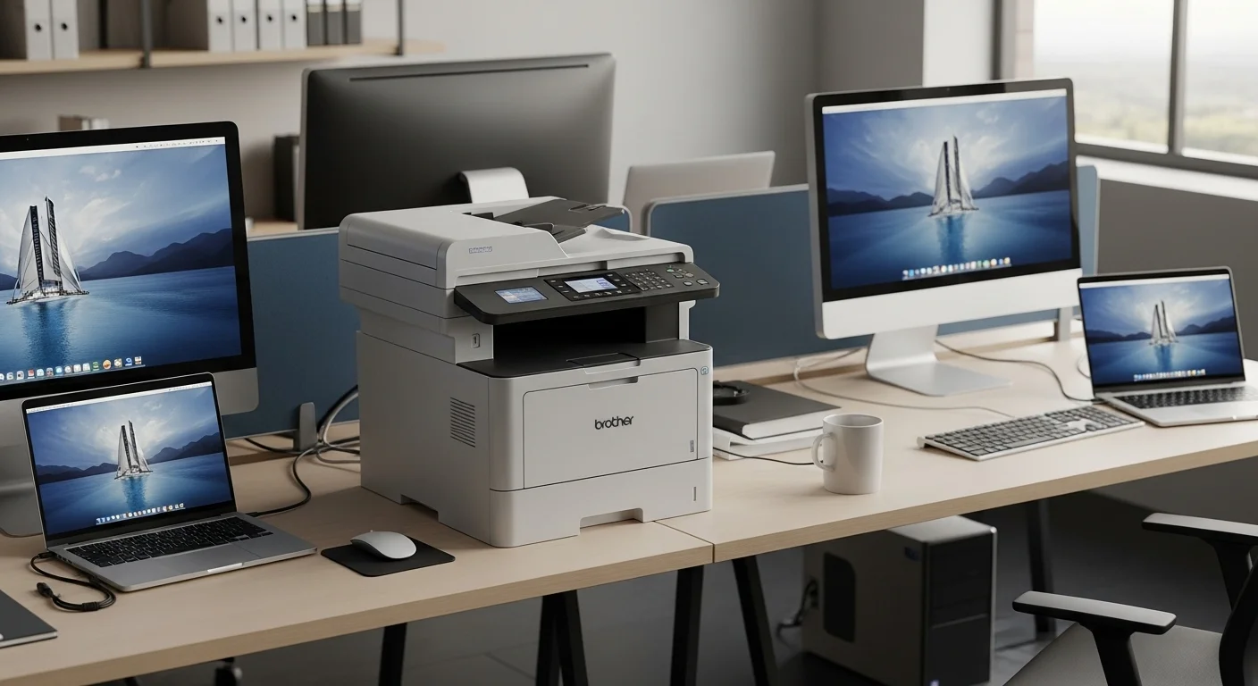 Escritorio de oficina con una multifuncional Brother DCP-T720DW conectada a una red de varias computadoras y laptops, mostrando un entorno de trabajo productivo y tecnológico.