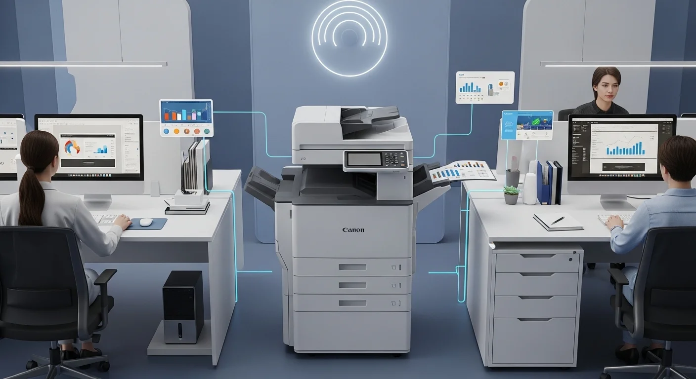 Una moderna impresora multifuncional Canon láser color en una oficina, conectada a varias computadoras, demostrando un flujo de trabajo eficiente.