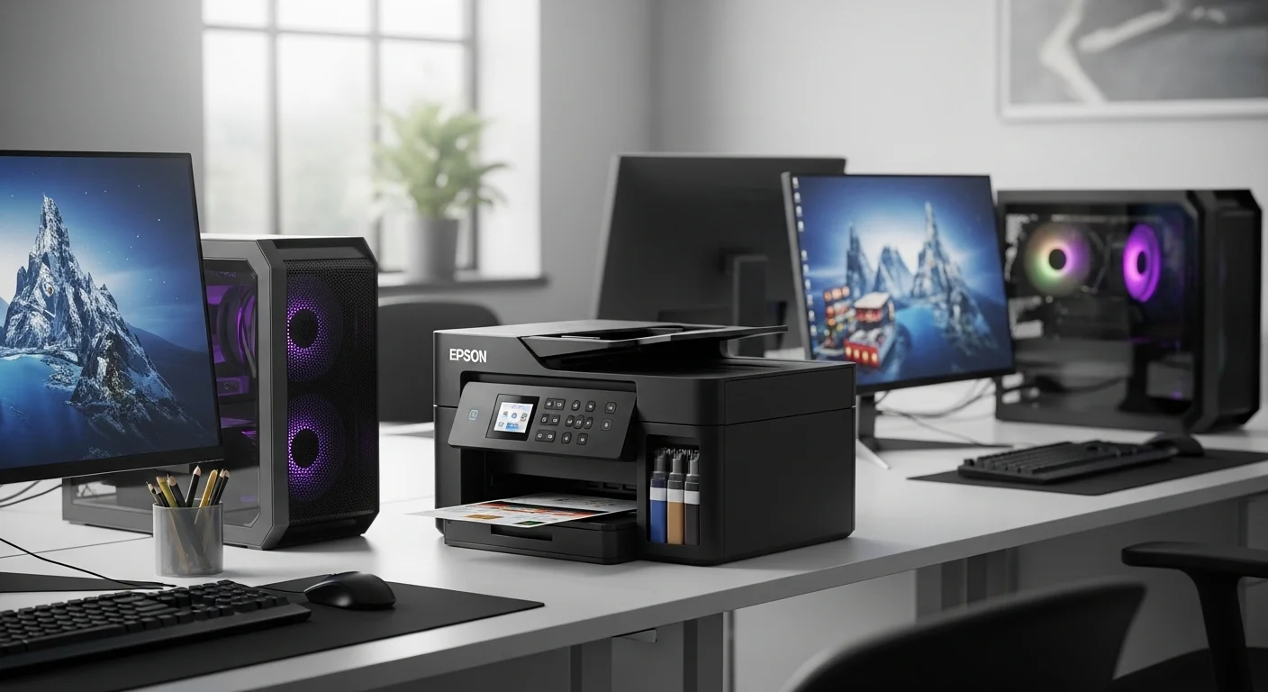 Multifuncional Epson EcoTank L6270 en un escritorio moderno junto a varias computadoras, mostrando su integración en un entorno de oficina.