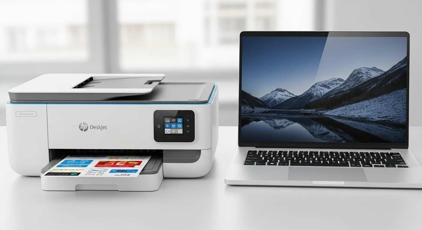 Una impresora Multifuncional Deskjet HP blanca junto a una laptop moderna, mostrando la perfecta integración entre computadoras y periféricos de impresión.