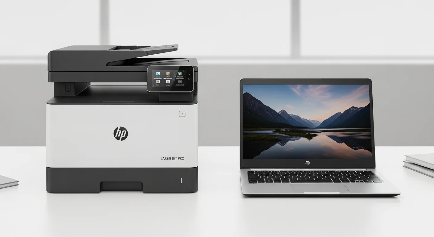 Una multifuncional HP LaserJet Pro junto a una laptop HP, demostrando la sinergia entre computadoras y equipos de impresión.