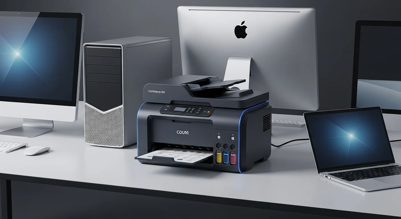 Una impresora multifuncional de tinta continua moderna en un escritorio junto a varias computadoras y una laptop