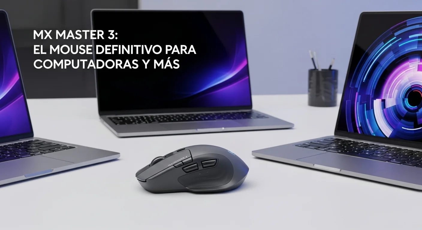 Ratón Logitech Mx Master 3 en color grafito sobre un escritorio moderno junto a varias computadoras, simbolizando máxima productividad.