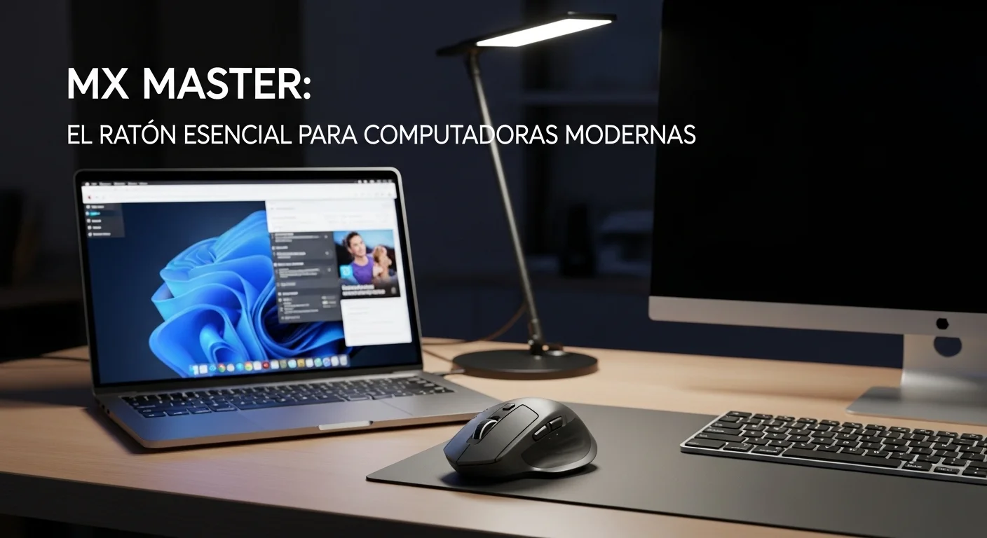 Ratón Logitech Mx Master 3S en un escritorio moderno junto a una computadora portátil y un teclado, simbolizando la productividad.