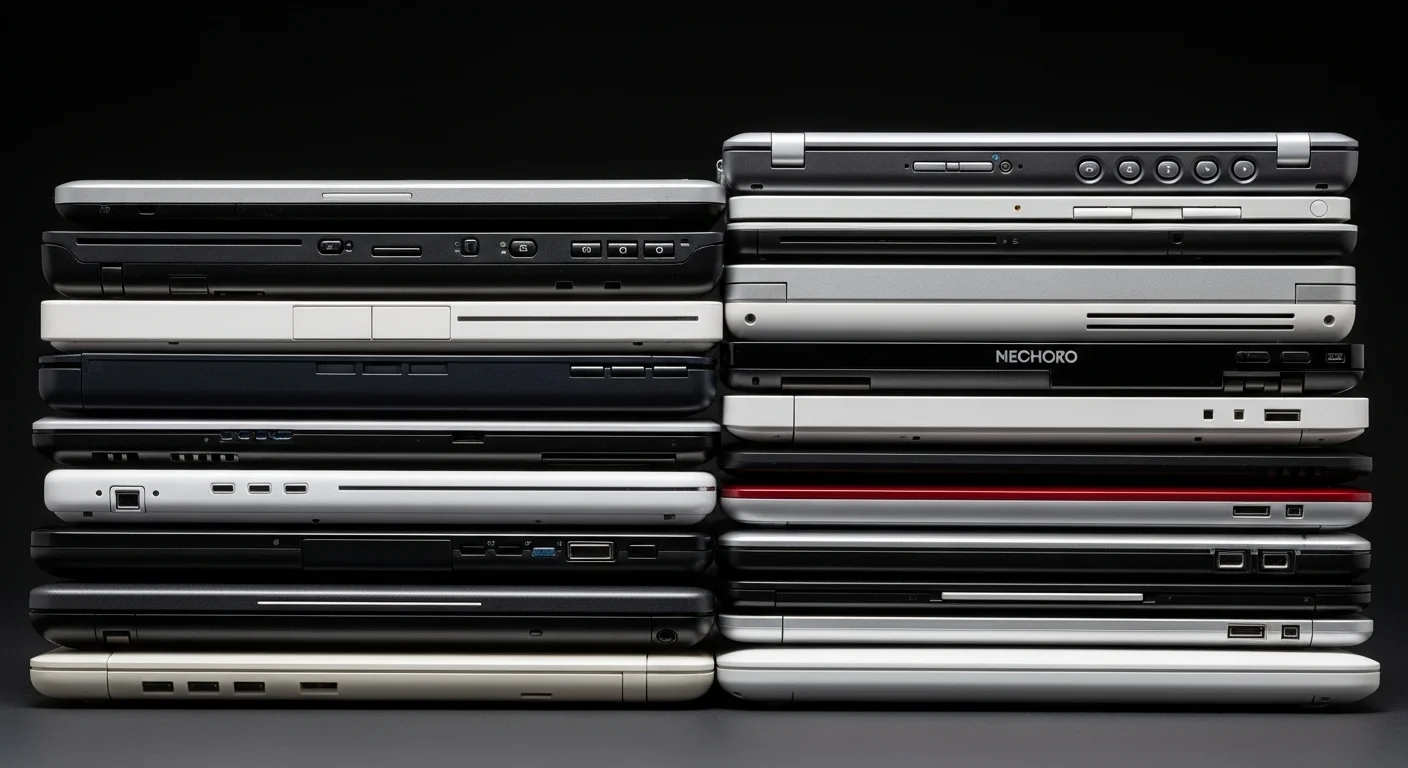 Una composición de varias computadoras netbook de diferentes marcas apiladas, mostrando su tamaño compacto y diversidad de diseños, representando el auge de la tecnología netbook.