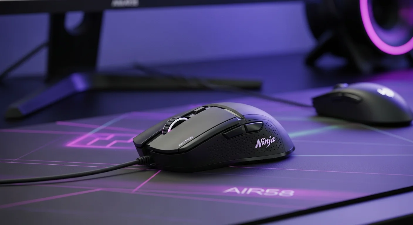 Setup de computadoras gaming con el mouse Ninja Air58 en el centro, destacando su diseño ultraligero sobre una alfombrilla profesional.