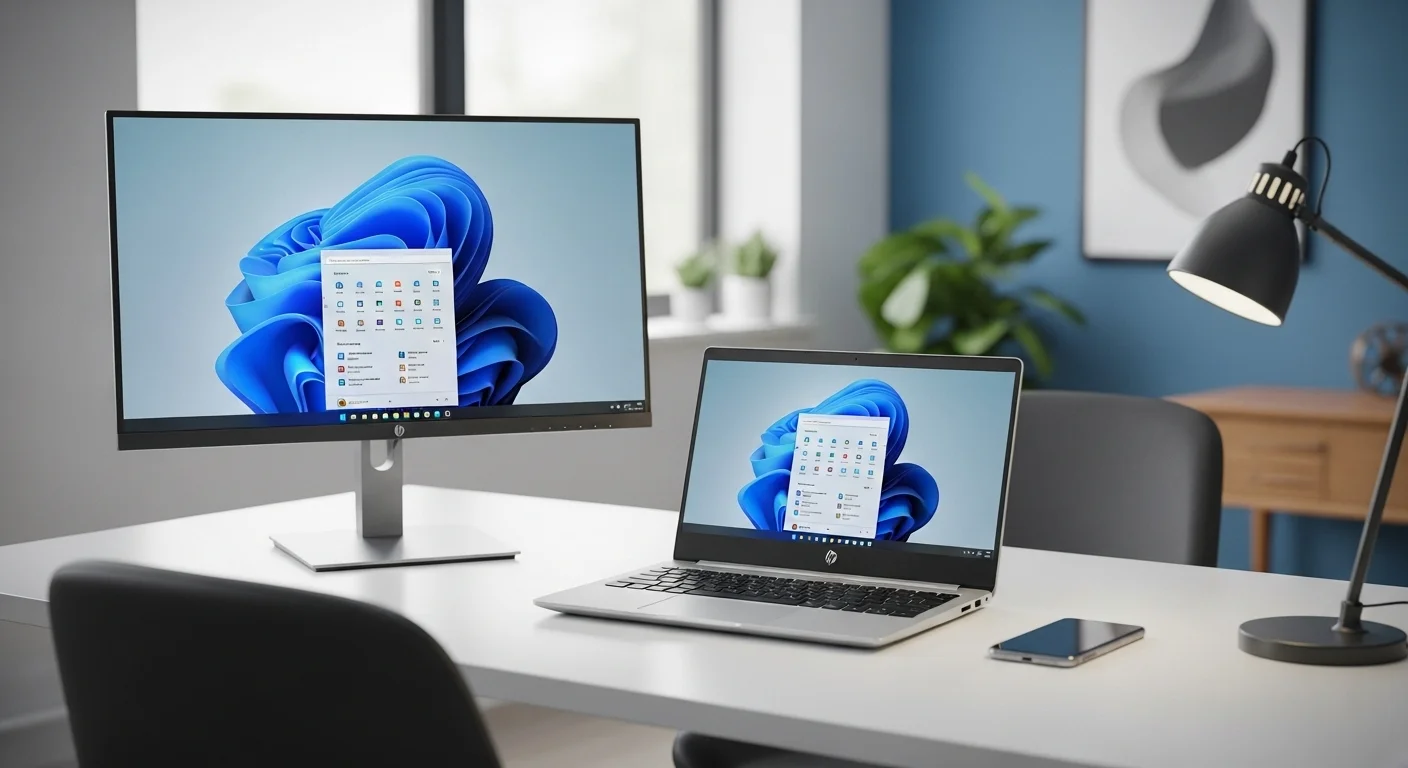 Una computadora portátil HP Notebook 250 G8 en un moderno escritorio de oficina, junto a un monitor externo y un smartphone, representando un ecosistema tecnológico productivo.