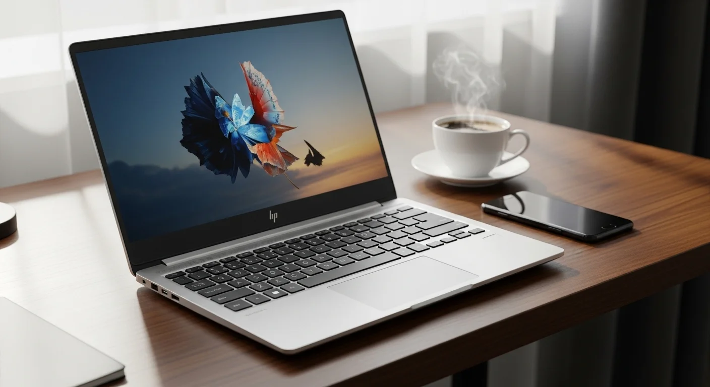 Una moderna notebook HP Pavilion plateada sobre un escritorio de madera junto a una taza de café y un smartphone, representando un entorno de trabajo con computadoras y tecnología.