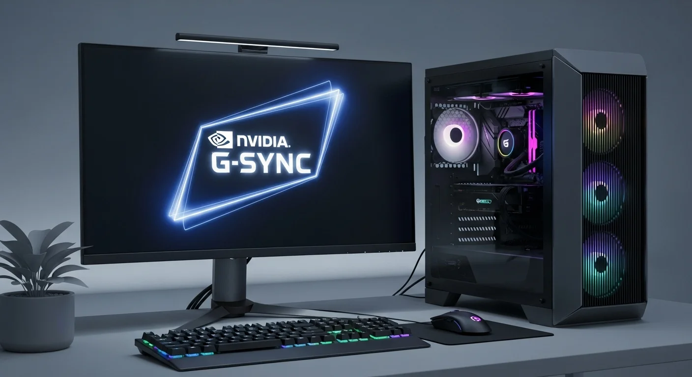 Una configuración de computadora gaming de alta gama con un monitor iluminado mostrando el logo de NVIDIA G-Sync, simbolizando la tecnología y el rendimiento.