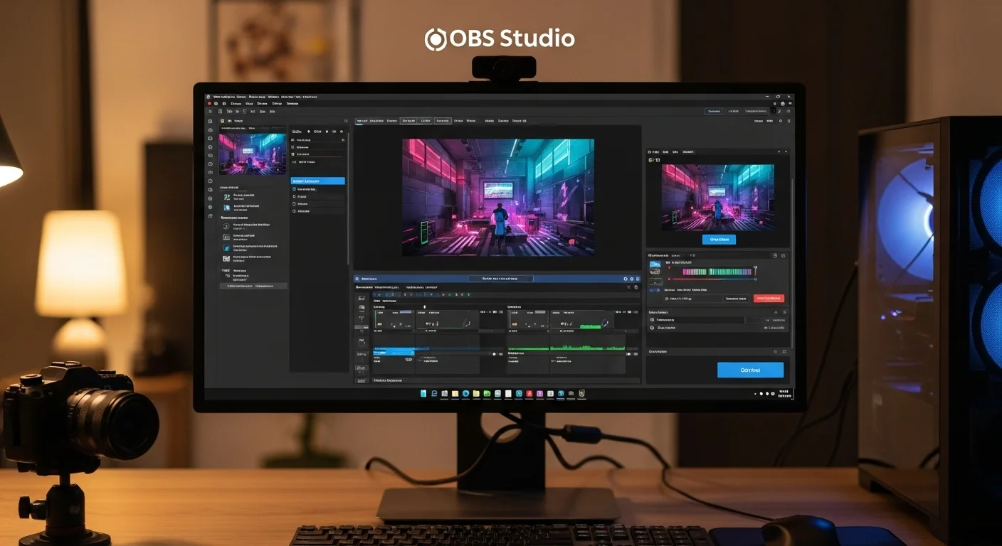 Una computadora de escritorio moderna mostrando la interfaz de OBS Studio con una escena compleja configurada para streaming de tecnología.