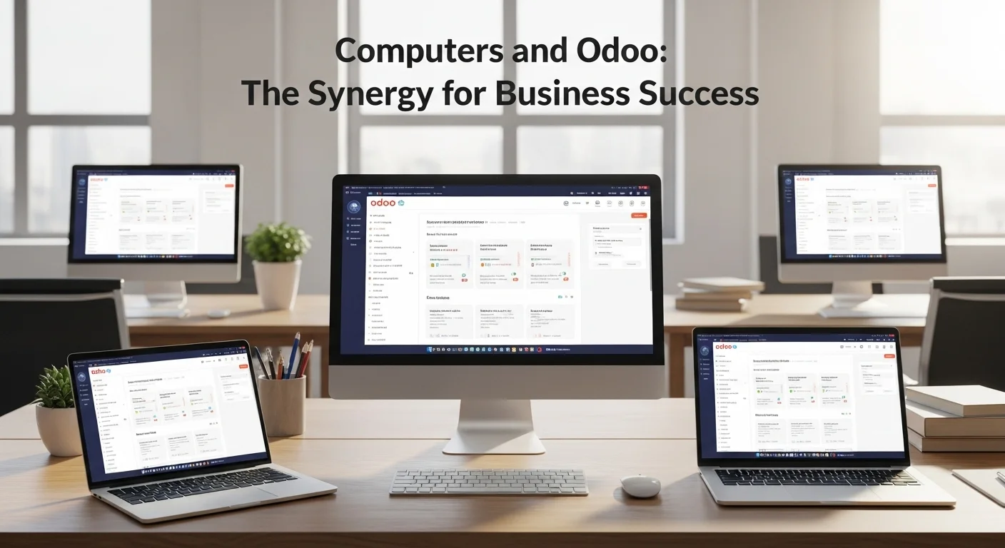 Una oficina moderna con múltiples computadoras y laptops mostrando la interfaz del software ERP Odoo en sus pantallas, representando la gestión empresarial.
