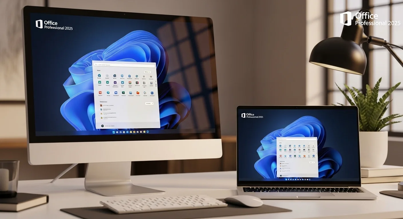 Una computadora de escritorio y una laptop modernas mostrando la interfaz de Office Professional 2025 en un entorno de oficina profesional.
