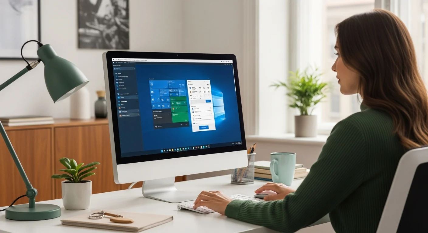 Una persona trabajando en una computadora de escritorio moderna con la interfaz de Microsoft Office Professional en la pantalla, en un entorno de oficina limpio y tecnológico.
