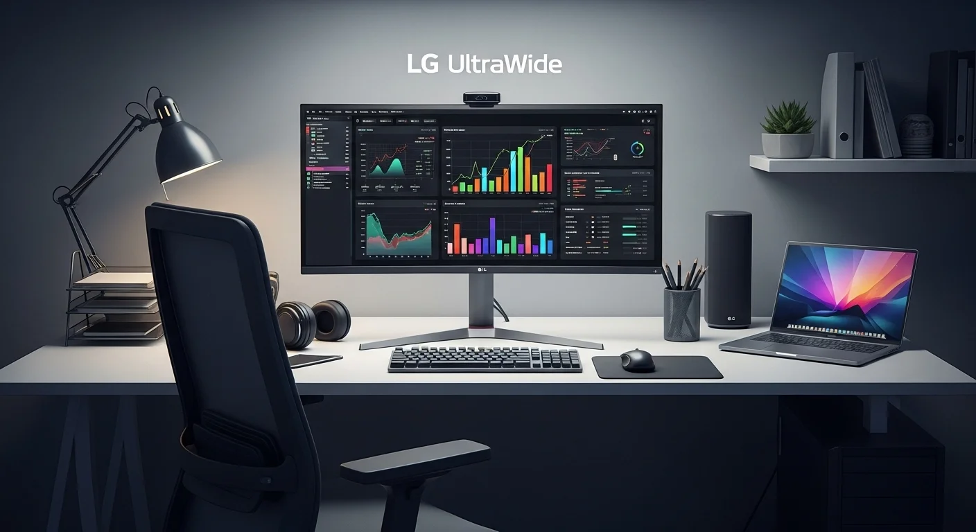 Espacio de trabajo de oficina moderno y productivo con un monitor LG UltraWide mostrando gráficos y datos.