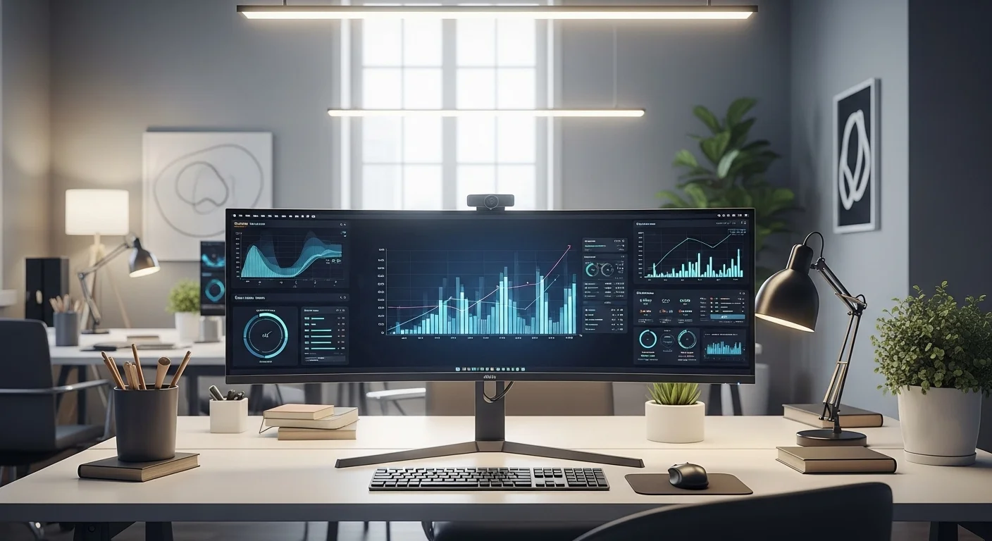 Una oficina moderna y limpia con un monitor pc curvo ultrapanorámico mostrando gráficos y datos, simbolizando la productividad y la tecnología avanzada.
