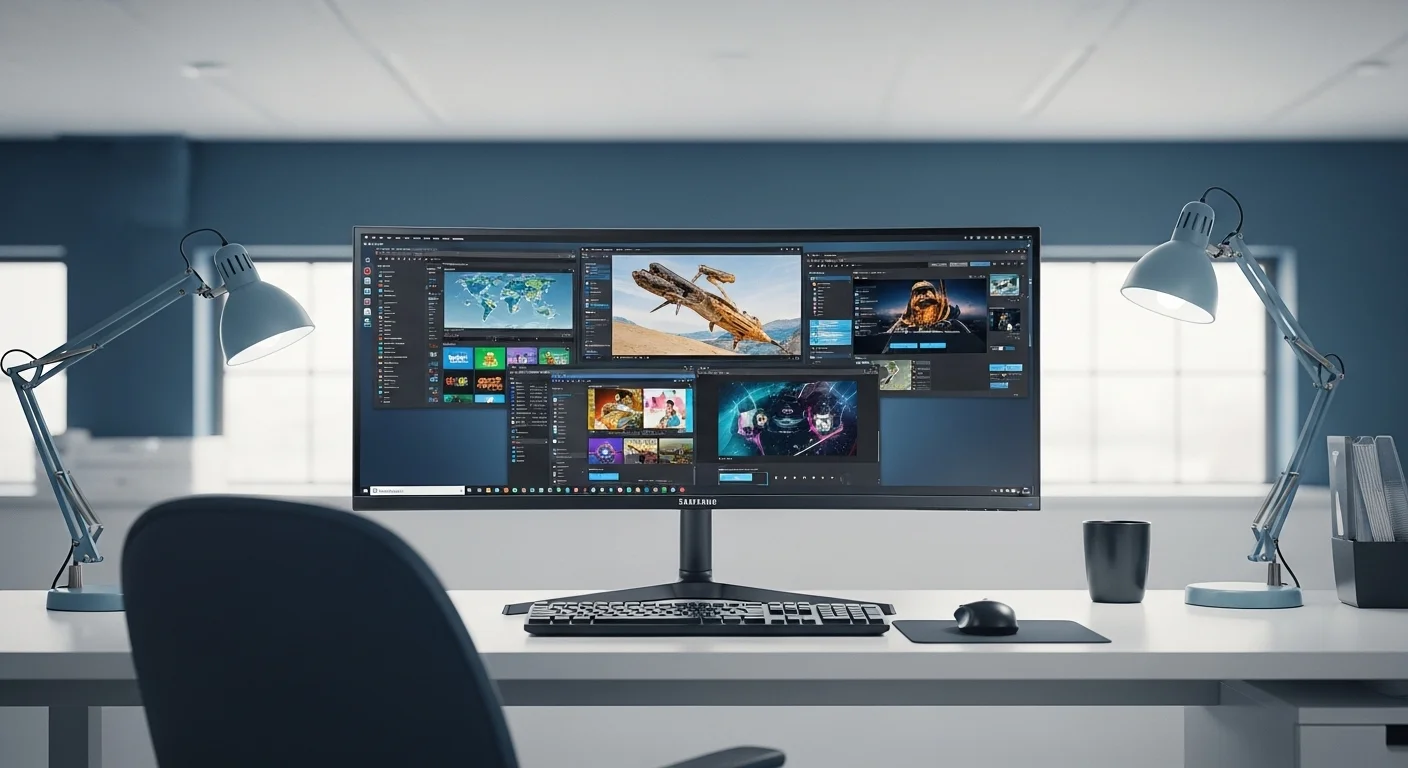 Un escritorio de oficina profesional y limpio con un monitor curvo samsung 27 utilizado para tareas de productividad y multitarea.