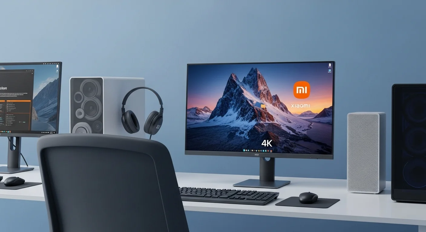 Espacio de trabajo minimalista con computadoras y un monitor Xiaomi 4K mostrando gráficos.