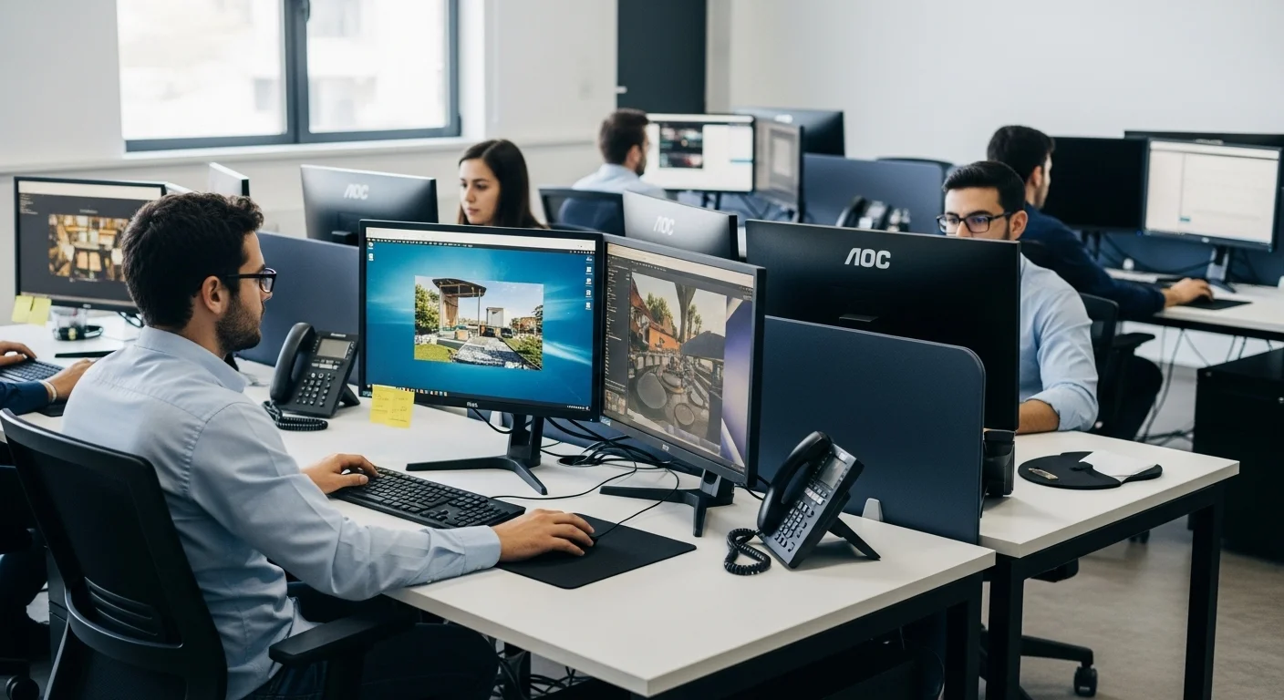 Ambiente de oficina profesional con múltiples estaciones de trabajo equipadas con monitores AOC, destacando la productividad.