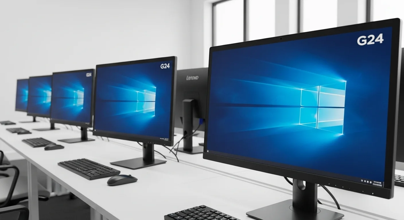 Fila de computadoras en una oficina moderna, cada una equipada con un monitor Lenovo G24, demostrando su uso profesional.