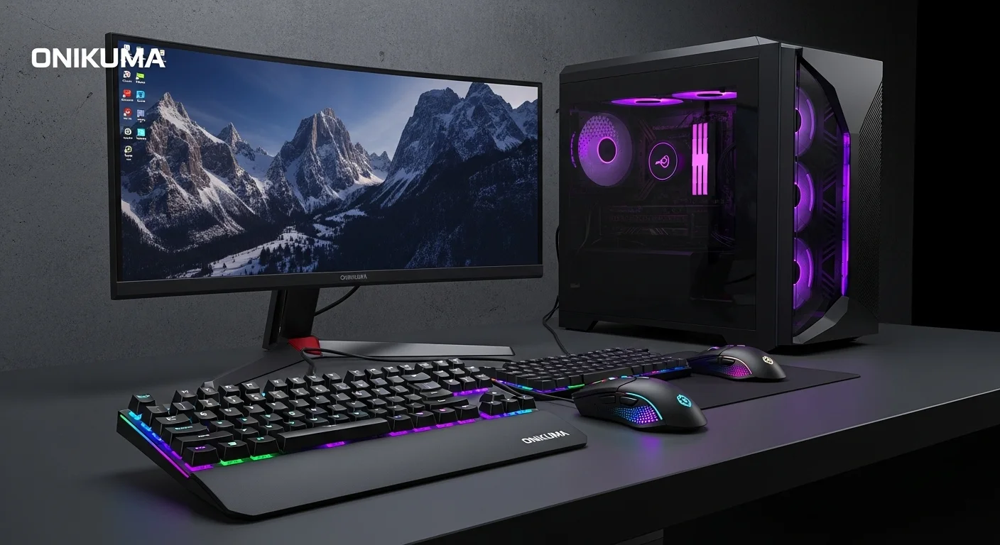 Setup gamer profesional con periféricos Onikuma, incluyendo teclado y mouse iluminados en RGB, junto a una computadora potente y monitor curvo.