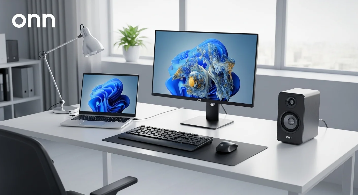 Un escritorio moderno con una laptop Onn, un monitor, un teclado, un ratón y una bocina Onn, mostrando el ecosistema de la marca