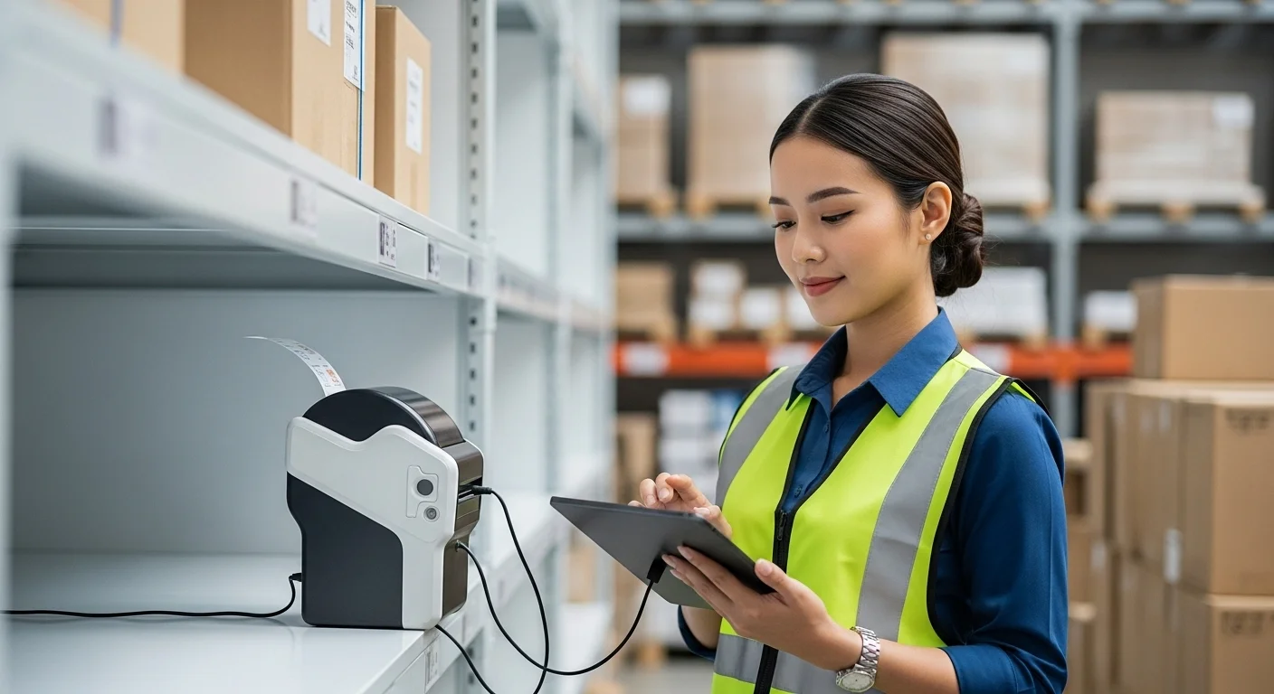 Trabajador en un almacén utilizando una etiquetadora térmica portátil conectada a una tablet para gestionar el inventario, destacando la movilidad y eficiencia.