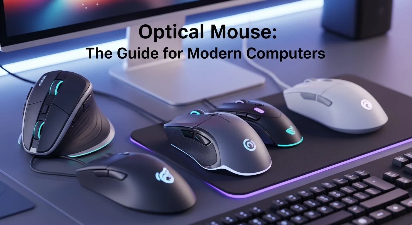 Una composición de varios tipos de optical mouse para computadoras, incluyendo un modelo ergonómico vertical, uno para gaming y un modelo inalámbrico.