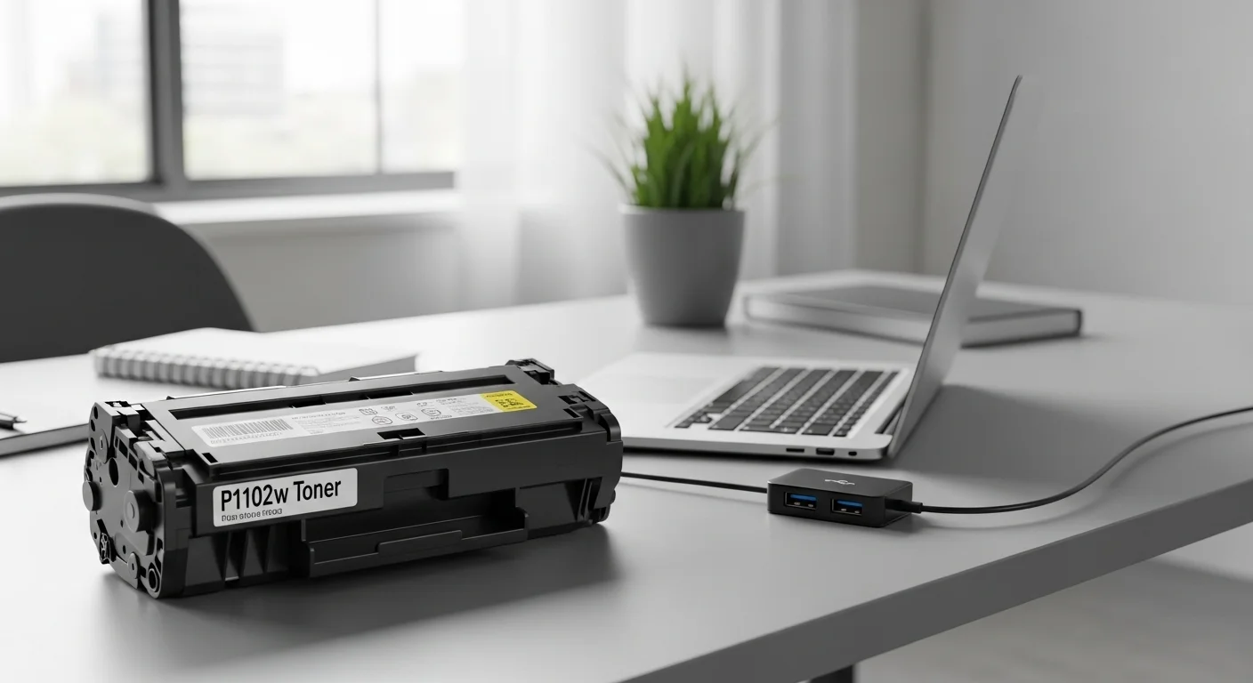 Imagen de un cartucho de P1102w Toner sobre un escritorio moderno junto a una laptop y otros accesorios de computadoras.