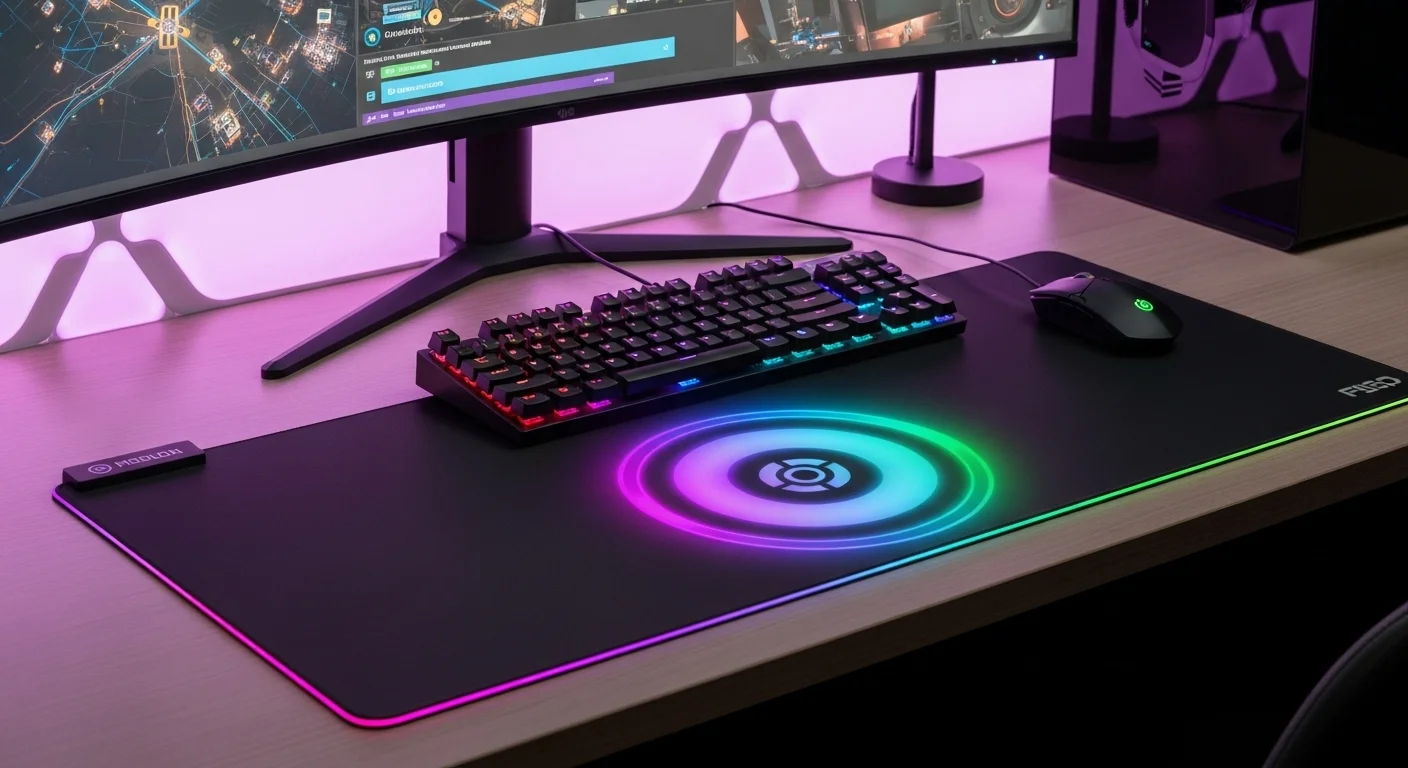 Escritorio moderno con un pad gamer RGB iluminado, un teclado mecánico y un ratón de alta precisión, representando el ecosistema de accesorios para computadoras.