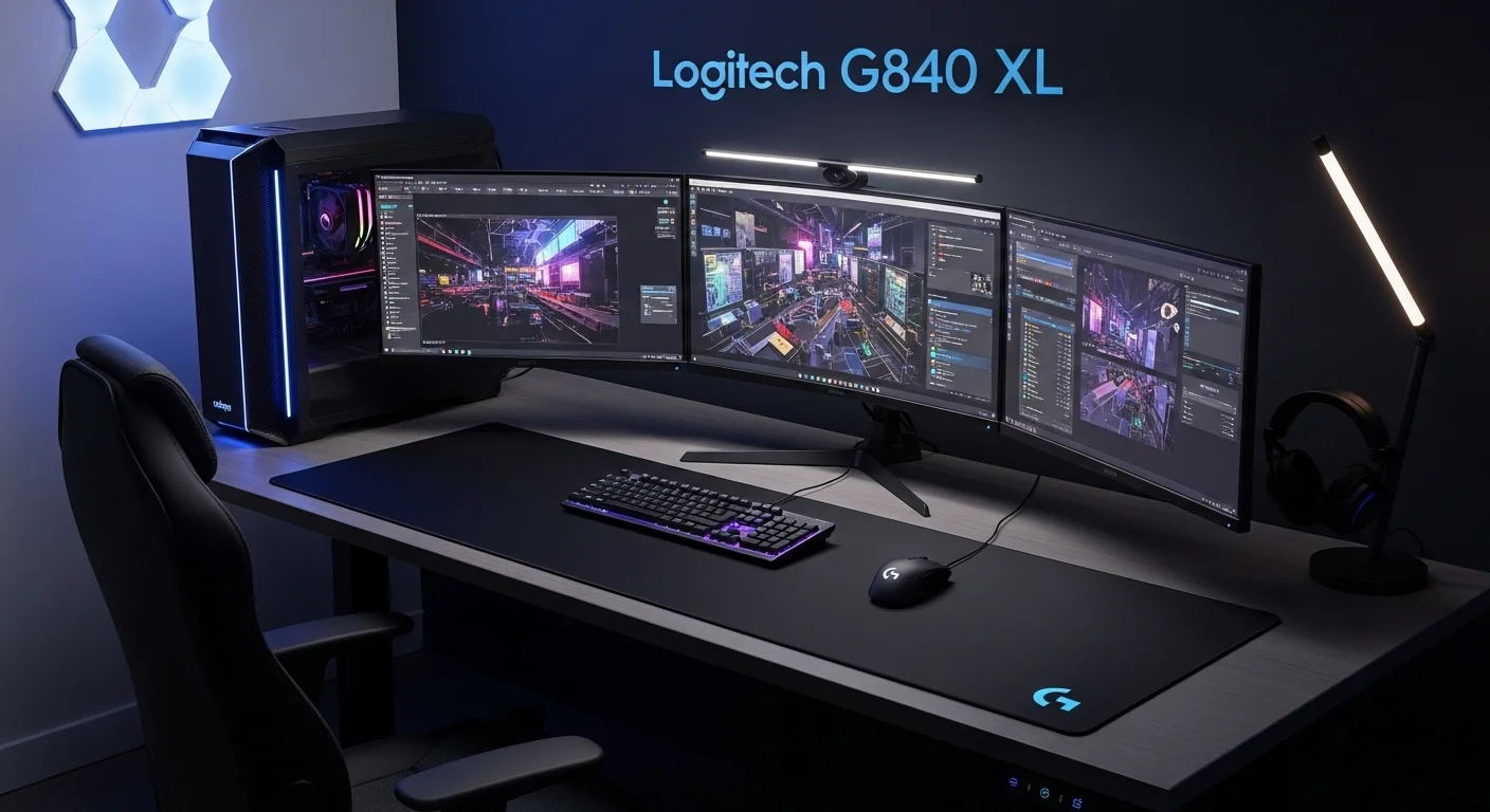 Escritorio gamer profesional con una computadora potente y un mouse pad Logitech G840 XL que cubre toda la superficie.