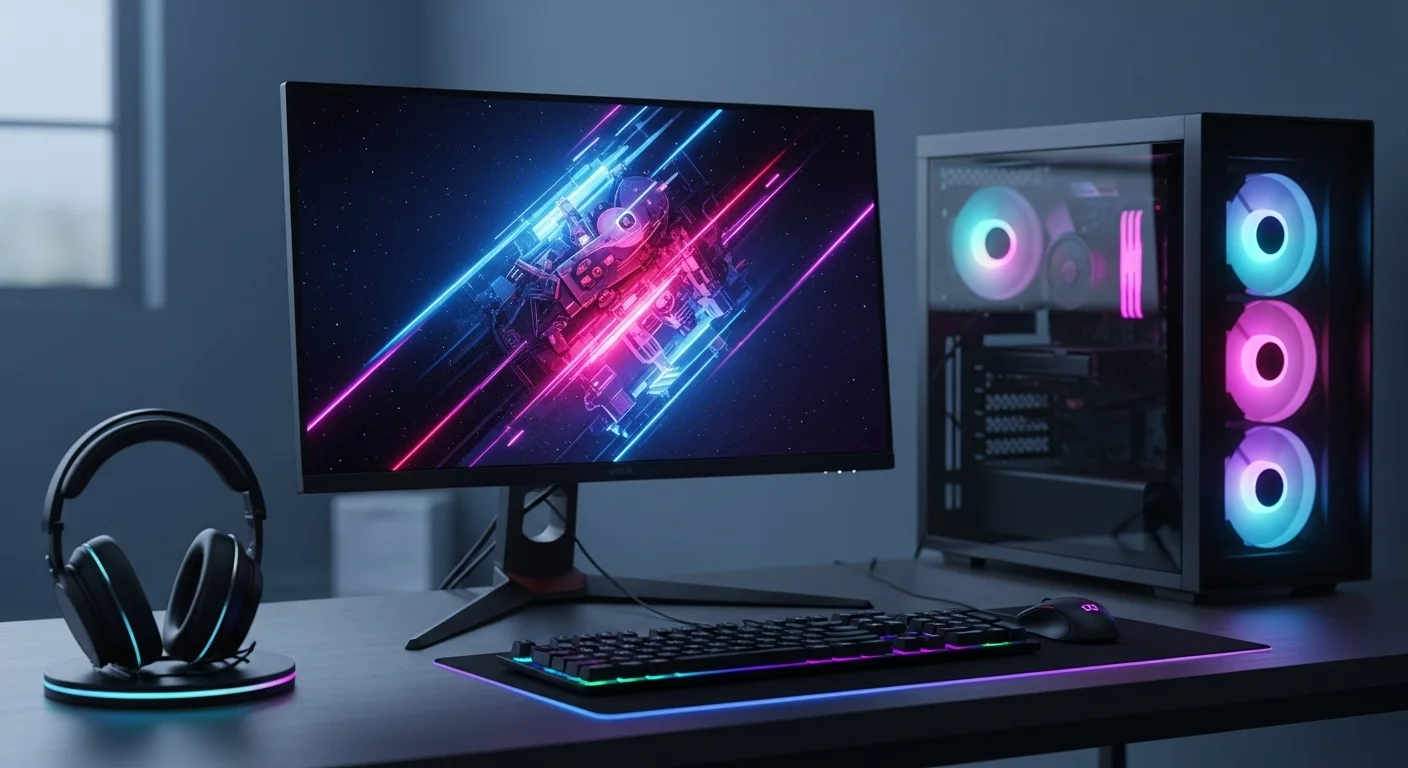 Moderno setup de computadoras con una pantalla PC de alta resolución iluminada con luces LED, mostrando un entorno de gaming profesional.