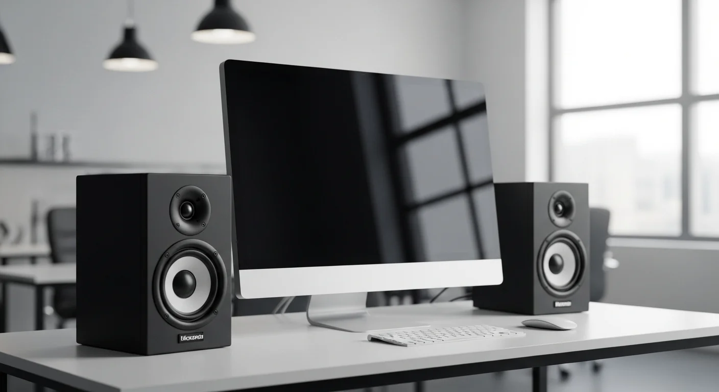 Un par de bocinas amplificadas negras de estilo monitor de estudio, colocadas a cada lado de un monitor de computadora en un escritorio moderno.