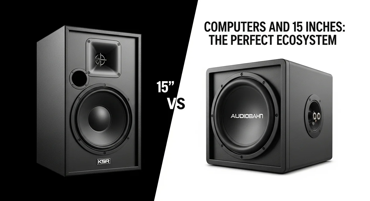 Comparativa visual entre un parlante KSR de 15 pulgadas para eventos y un subwoofer Audiobahn de 15 pulgadas, mostrando la diversidad del audio de 15 pulgadas.