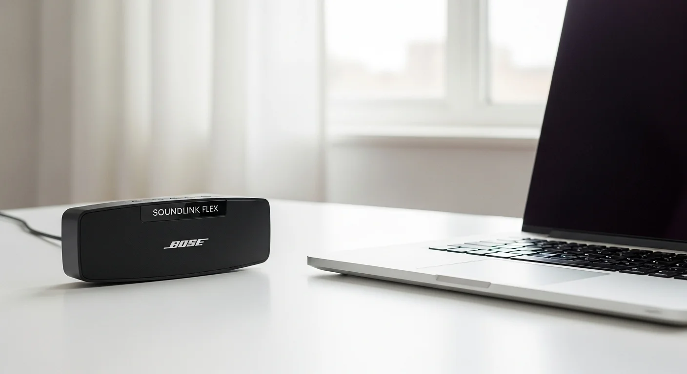 Parlante Bose Soundlink Flex color negro junto a una laptop moderna sobre un escritorio de madera, representando la sinergia entre computadoras y audio de alta calidad.