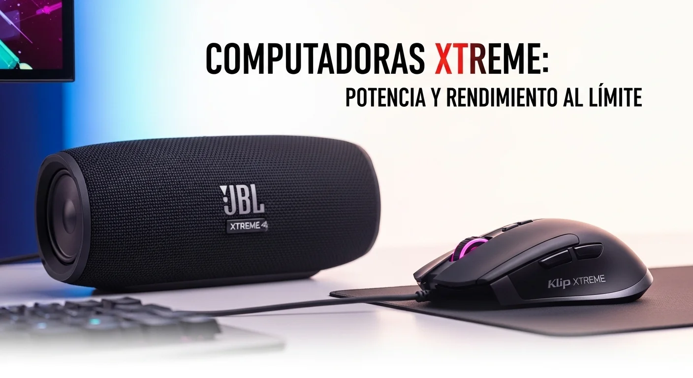 Composición de periféricos Xtreme, con un parlante JBL Xtreme 4 junto a un mouse gaming Klip Xtreme sobre un escritorio moderno.