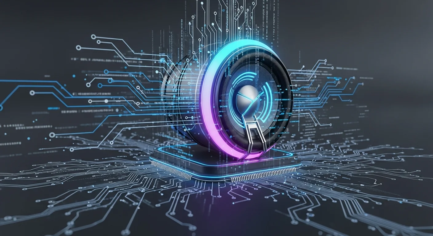 Una imagen estilizada que fusiona un parlante de auto de alta tecnología con circuitos de computadora y líneas de código, simbolizando la unión de la computación y el audio automotriz.