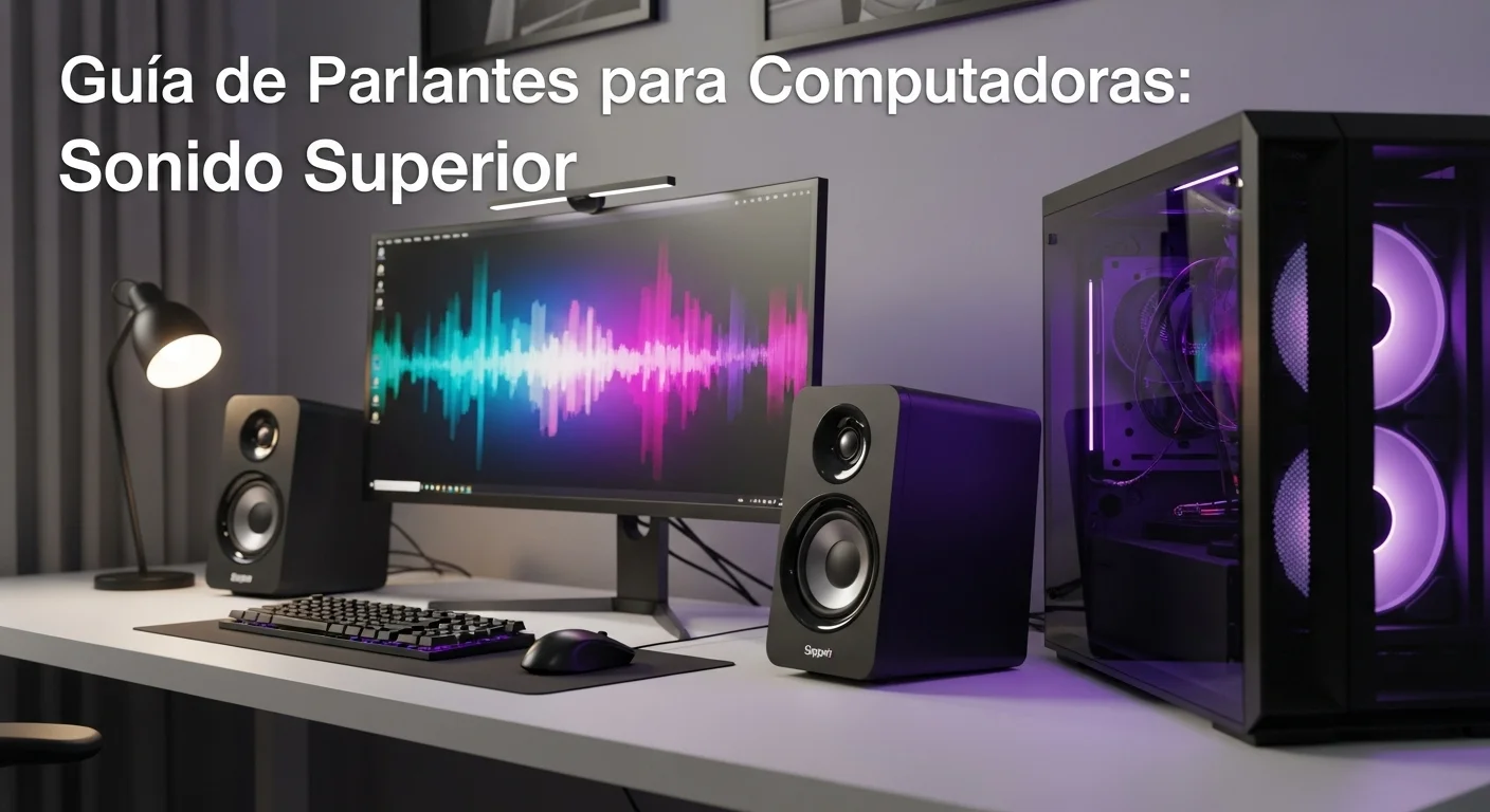 Escritorio moderno con una configuración de computadora, destacando un par de parlantes de computadora negros junto al monitor, con luces LED de fondo.