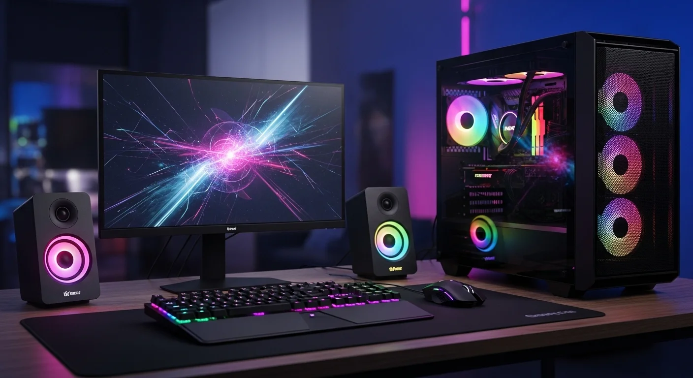 Una configuración de computadora para gaming con parlantes pc gamer iluminados con luces RGB, mostrando un ambiente inmersivo.