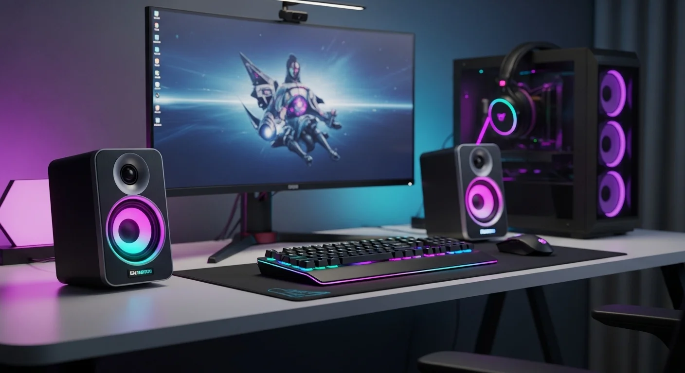 Un par de parlantes para PC modernos con iluminación RGB en un escritorio de computadora para gaming